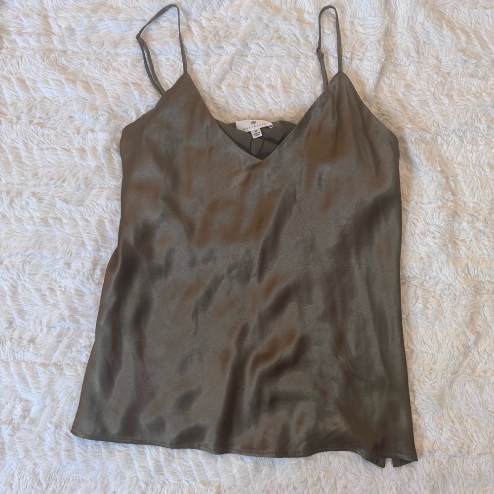 Socialite Olive Green Satin Cami Top | Size M V-Neck Spaghetti Strap NWT